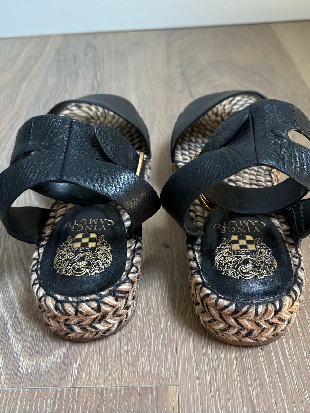 Black Leather Espadrille Platform Sandals Size 8 Vince Camuto - Picture 4 of 11